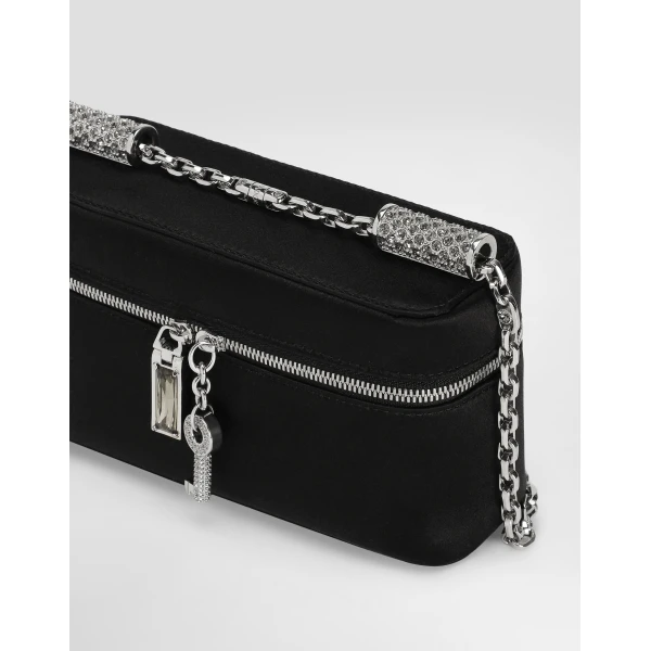 Black Dolce & Gabbana Sicily medium satin and pavé tubes shoulder bag, view 6 | Shoulder & Crossbody Bags