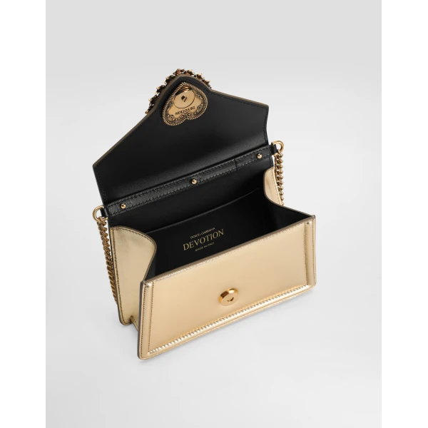 Gold Dolce & Gabbana Small Devotion bag in nappa mordore leather, view 5 | Shoulder & Crossbody Bags