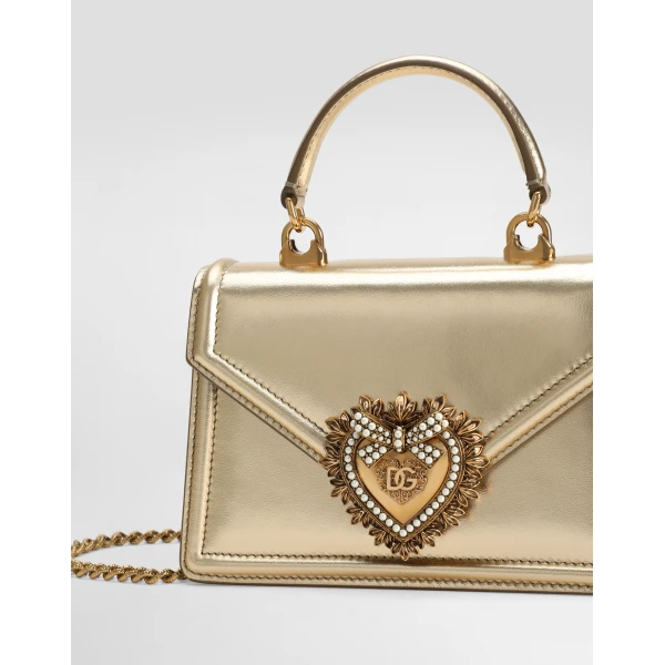 Gold Dolce & Gabbana Small Devotion bag in nappa mordore leather, view 6 | Shoulder & Crossbody Bags