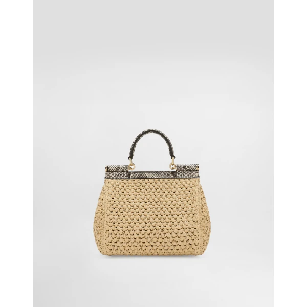 Neutral Dolce & Gabbana Small Sicily handbag in crochet raffia, view 3 | Totes & Top-Handle Bags
