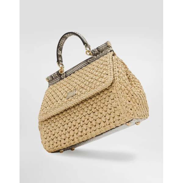 Neutral Dolce & Gabbana Small Sicily handbag in crochet raffia, view 5 | Totes & Top-Handle Bags