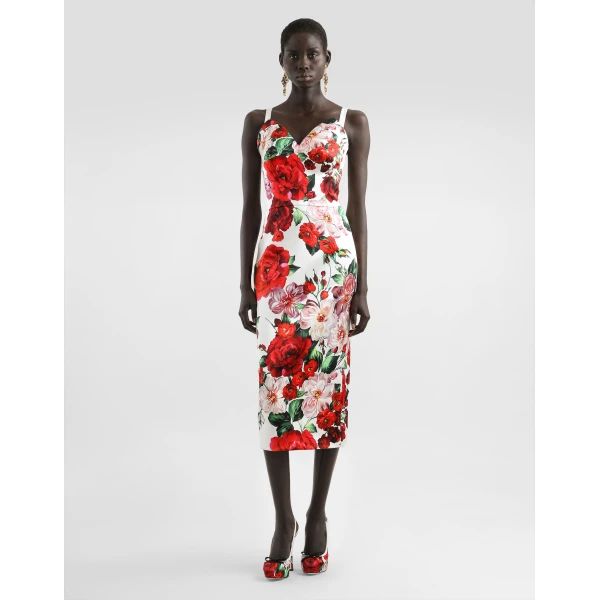 Print Dolce & Gabbana Strapless satin calf-length dress with rose print, view 2 | Midi Dresses