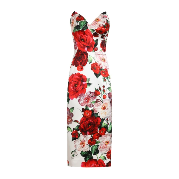 Strapless satin calf-length dress with rose print