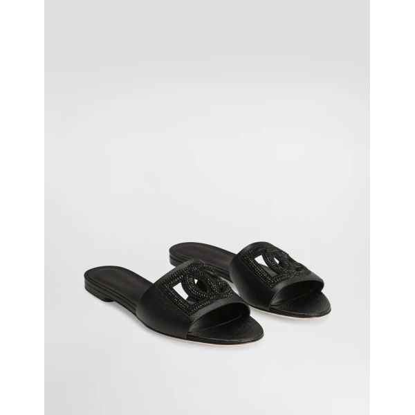 Black Dolce & Gabbana Suede and dauphine calfskin flat slippers, view 2 | Flip Flops & Slides