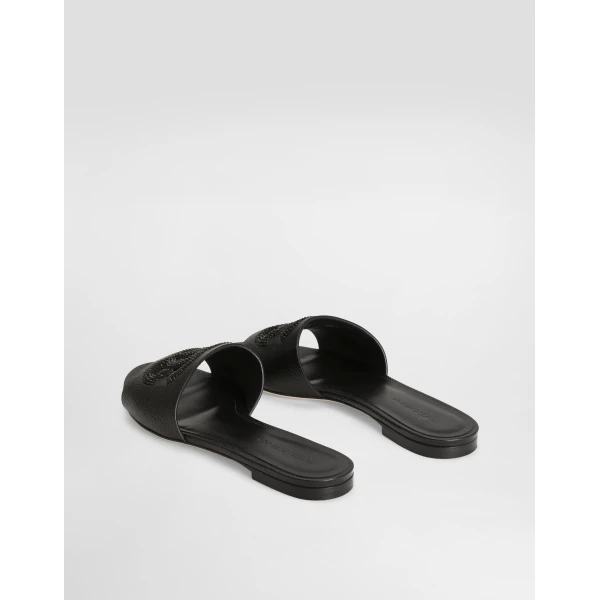 Black Dolce & Gabbana Suede and dauphine calfskin flat slippers, view 3 | Flip Flops & Slides