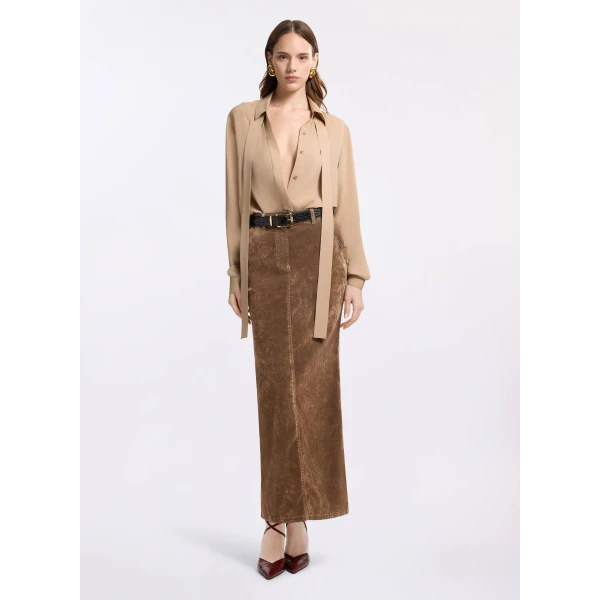 Elie Saab Flocked Denim Long Skirt