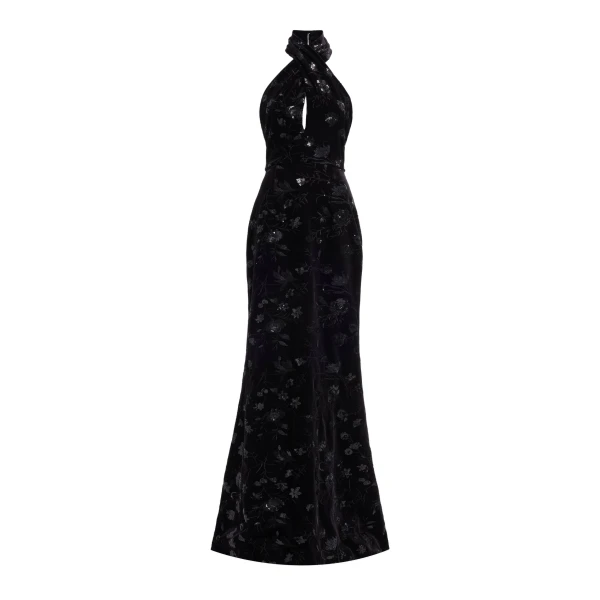 Halter-Neck Embroidered Velvet Dress