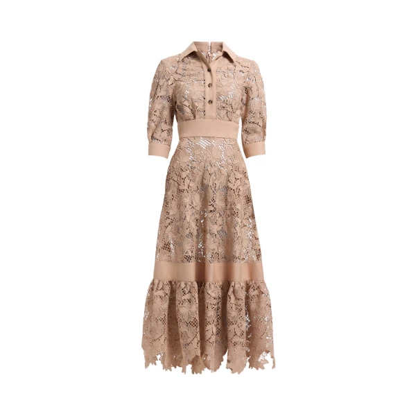 Elie Saab Macramé & Drill Midi Dress