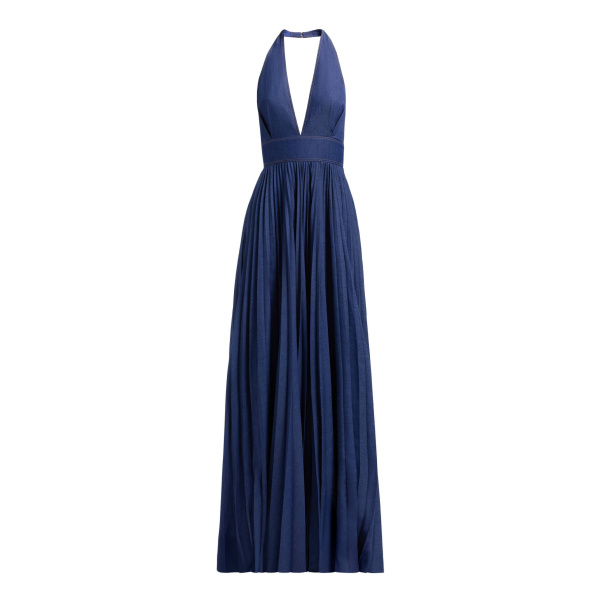 Elie Saab Pleated Denim Long Dress
