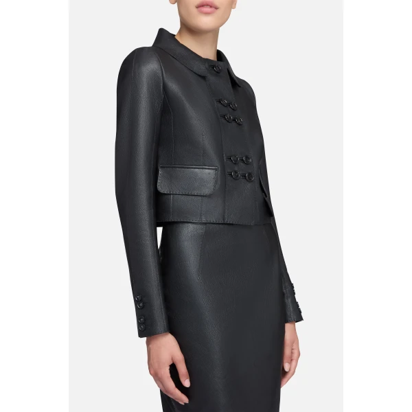 Emilia Wickstead Aelin Jacket in Black Grain Leather | Leather Jackets | Luxury Shoes 