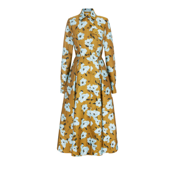 Emilia Wickstead Celeste Dress in Mustard & Blue Breezy Poppy Mikado | Luxury Shoes 