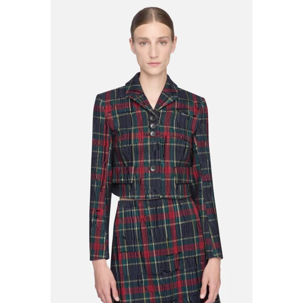 Emilia Wickstead Chapel Jacket in Red & Green Flocked Check | Jackets | Luxury Shoes 