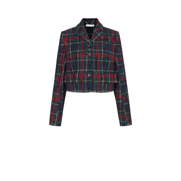 Emilia Wickstead Chapel Jacket in Red & Green Flocked Check | Luxury Shoes 