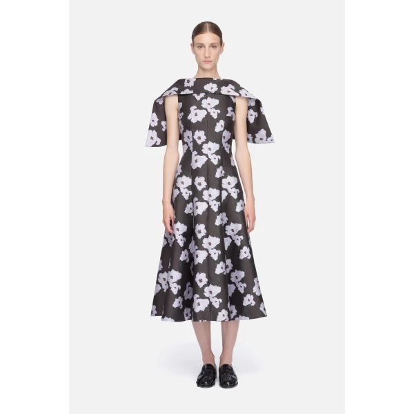 Emilia Wickstead Cyralisse Dress in Chocolate & Lilac Breezy Poppy Mikado | Midi Dresses | Luxury Shoes 