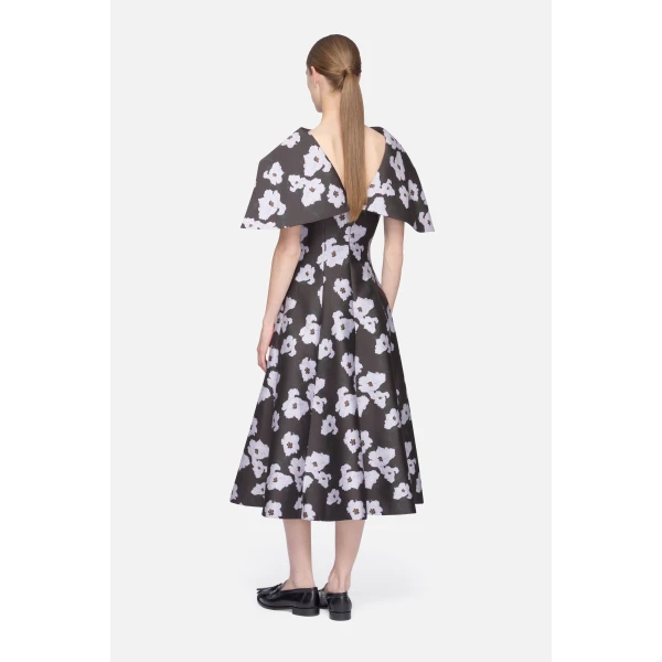 Emilia Wickstead Cyralisse Dress in Chocolate & Lilac Breezy Poppy Mikado | Midi Dresses | Luxury Shoes 