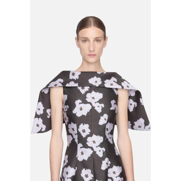 Emilia Wickstead Cyralisse Dress in Chocolate & Lilac Breezy Poppy Mikado | Midi Dresses | Luxury Shoes 