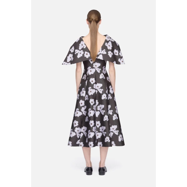 Emilia Wickstead Cyralisse Dress in Chocolate & Lilac Breezy Poppy Mikado | Midi Dresses | Luxury Shoes 