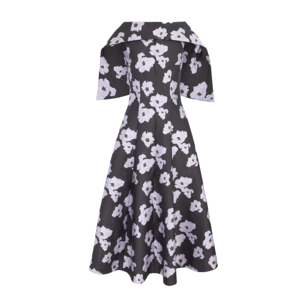 Emilia Wickstead Cyralisse Dress in Chocolate & Lilac Breezy Poppy Mikado | Luxury Shoes 