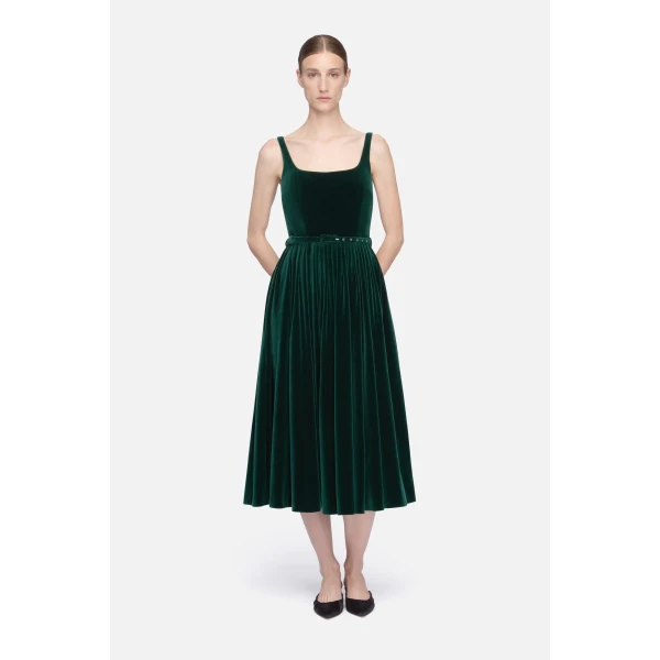 Emilia Wickstead Eagle Dress in Green Cotton Velvet | Midi Dresses | Luxury Shoes 
