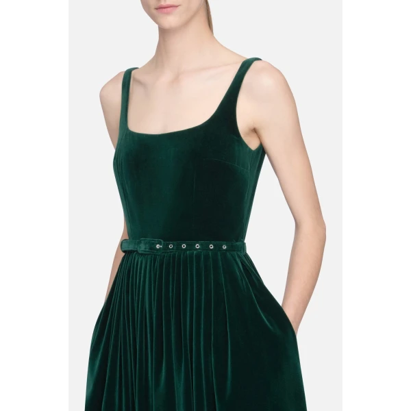 Emilia Wickstead Eagle Dress in Green Cotton Velvet | Midi Dresses | Luxury Shoes 