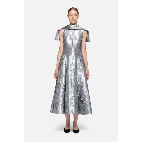 Emilia Wickstead Harlow Dress in Silver Metallic Cloque | Midi Dresses | Luxury Shoes 