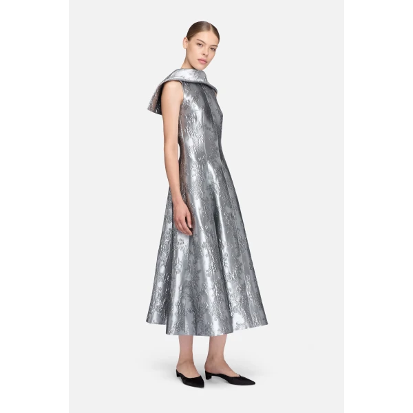 Emilia Wickstead Harlow Dress in Silver Metallic Cloque | Midi Dresses | Luxury Shoes 
