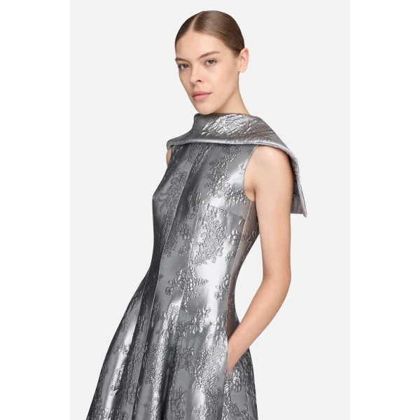 Emilia Wickstead Harlow Dress in Silver Metallic Cloque | Midi Dresses | Luxury Shoes 