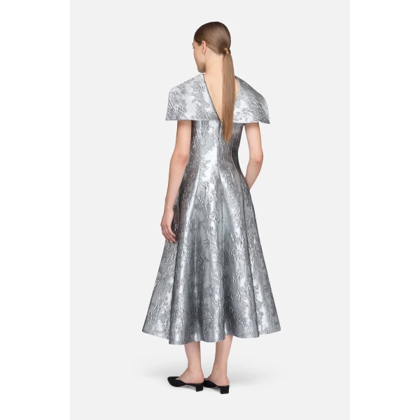 Emilia Wickstead Harlow Dress in Silver Metallic Cloque | Midi Dresses | Luxury Shoes 
