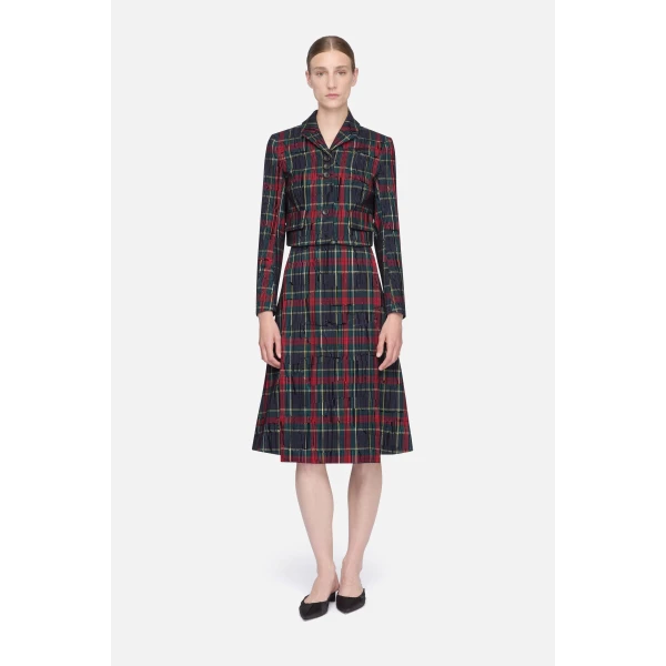 Emilia Wickstead Ifsa Skirt in Red & Green Flocked Check | Midi Skirts | Luxury Shoes 
