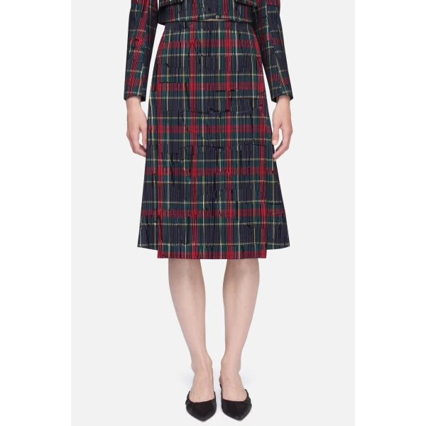 Emilia Wickstead Ifsa Skirt in Red & Green Flocked Check | Midi Skirts | Luxury Shoes 