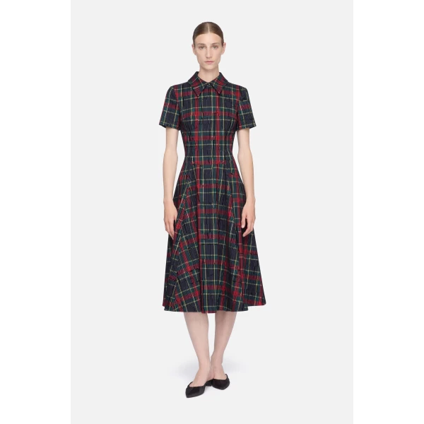 Emilia Wickstead Jody Dress in Red & Green Flocked Check | Midi Dresses | Luxury Shoes 