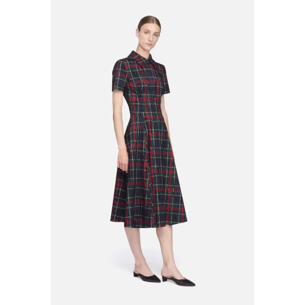 Emilia Wickstead Jody Dress in Red & Green Flocked Check | Midi Dresses | Luxury Shoes 