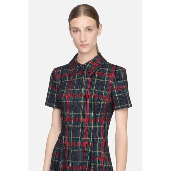 Emilia Wickstead Jody Dress in Red & Green Flocked Check | Midi Dresses | Luxury Shoes 