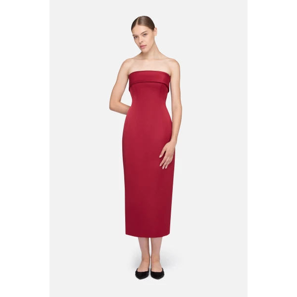 Emilia Wickstead Keeley Dress in Red Duchess Satin | Midi Dresses | Luxury Shoes 