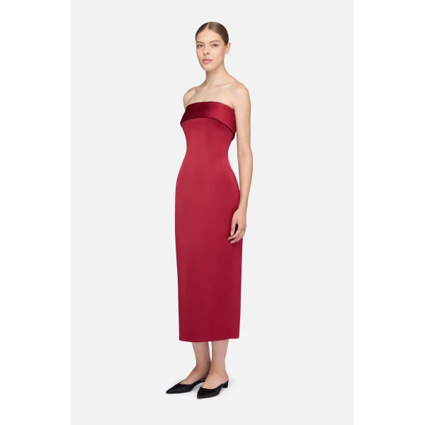 Emilia Wickstead Keeley Dress in Red Duchess Satin | Midi Dresses | Luxury Shoes 