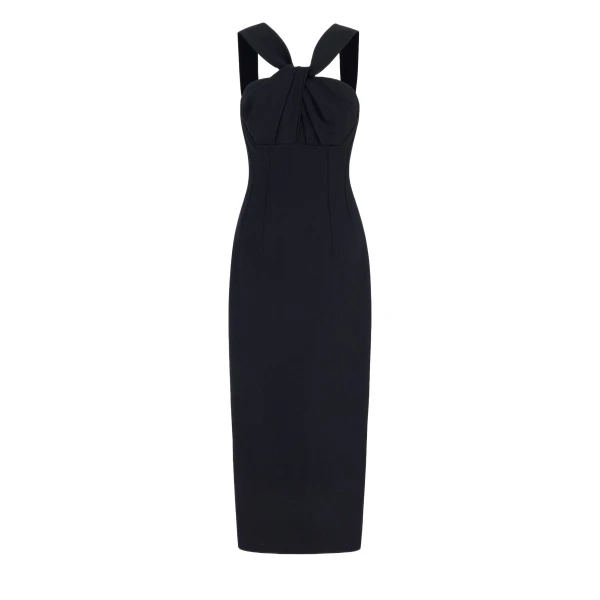Emilia Wickstead Lucciene Dress in Black Birdseye Suiting | Luxury Shoes 
