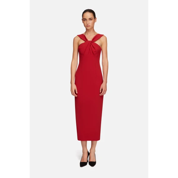 Emilia Wickstead Lucciene Dress in Red Birdseye Suiting | Midi Dresses | Luxury Shoes 
