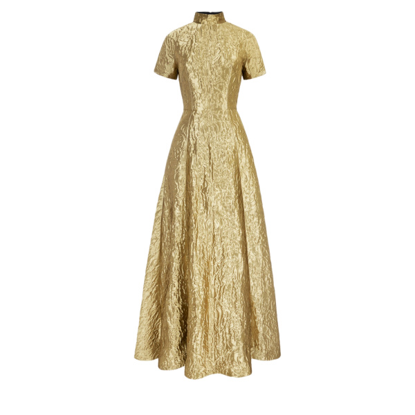Emilia Wickstead Malinda Dress in Gold Metallic Jacquard | Luxury Shoes 