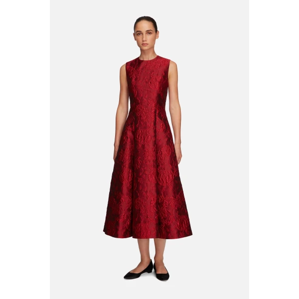Emilia Wickstead Mara Dress in Red Floral Cloque | Midi Dresses | Luxury Shoes 