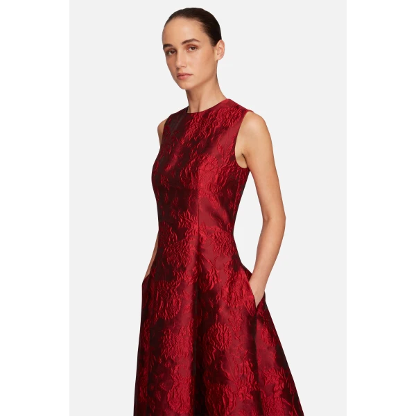 Emilia Wickstead Mara Dress in Red Floral Cloque | Midi Dresses | Luxury Shoes 