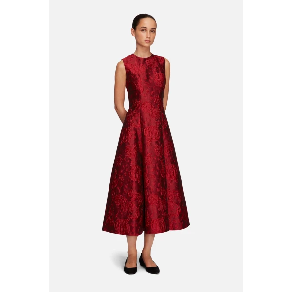Emilia Wickstead Mara Dress in Red Floral Cloque | Midi Dresses | Luxury Shoes 