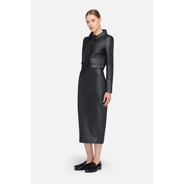 Emilia Wickstead Mavis Skirt in Black Grain Leather | Leather Skirts | Luxury Shoes 
