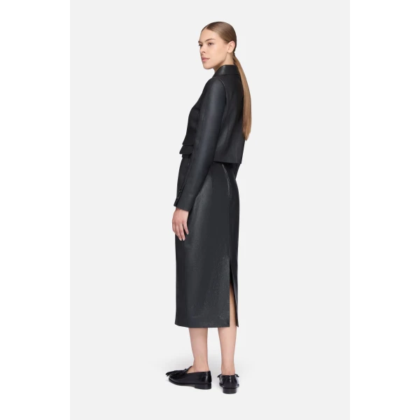 Emilia Wickstead Mavis Skirt in Black Grain Leather | Leather Skirts | Luxury Shoes 