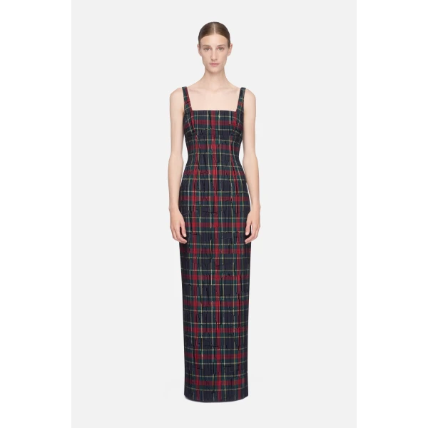 Emilia Wickstead Micheline Dress in Red & Green Flocked Check | Maxi Dresses | Luxury Shoes 