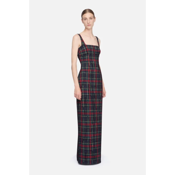 Emilia Wickstead Micheline Dress in Red & Green Flocked Check | Maxi Dresses | Luxury Shoes 
