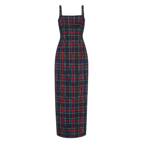 Emilia Wickstead Micheline Dress in Red & Green Flocked Check | Luxury Shoes 