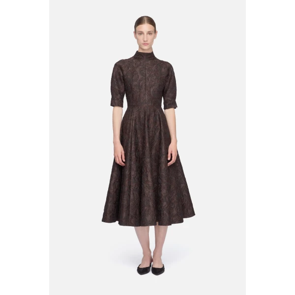 Emilia Wickstead Quinley Dress in Chocolate & Black Woven Cloque | Midi Dresses | Luxury Shoes 