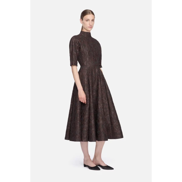 Emilia Wickstead Quinley Dress in Chocolate & Black Woven Cloque | Midi Dresses | Luxury Shoes 
