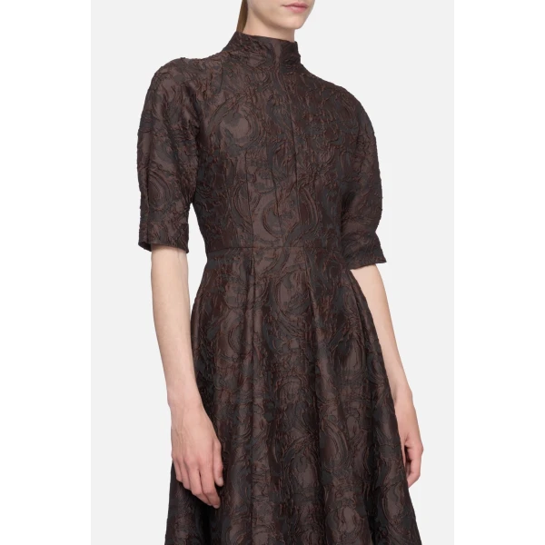 Emilia Wickstead Quinley Dress in Chocolate & Black Woven Cloque | Midi Dresses | Luxury Shoes 