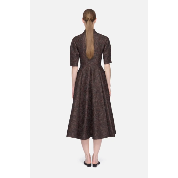 Emilia Wickstead Quinley Dress in Chocolate & Black Woven Cloque | Midi Dresses | Luxury Shoes 